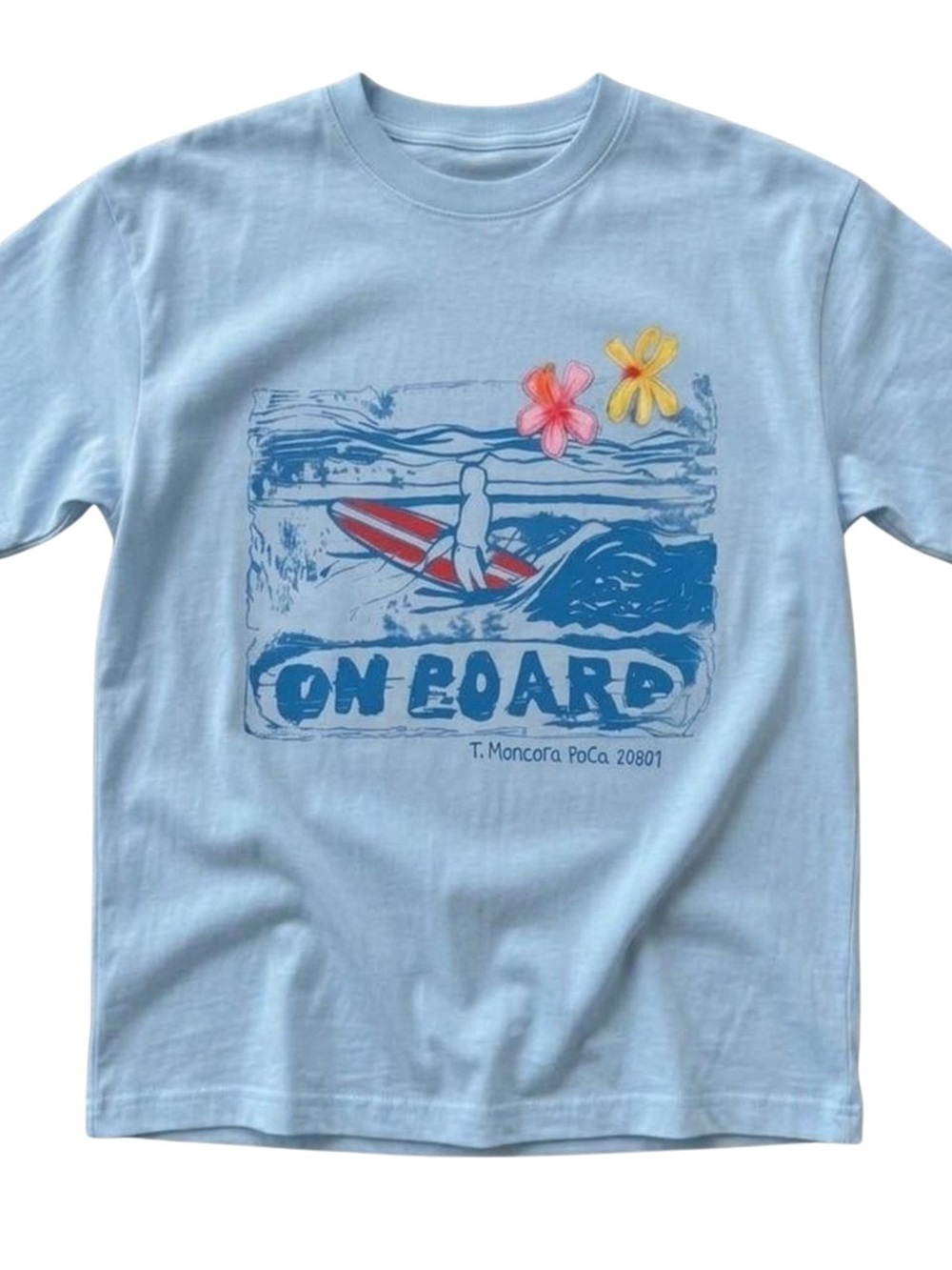 Gildan Light Blue "On Board" Surf Graphic Tee with Red, Pink & Yellow Accents